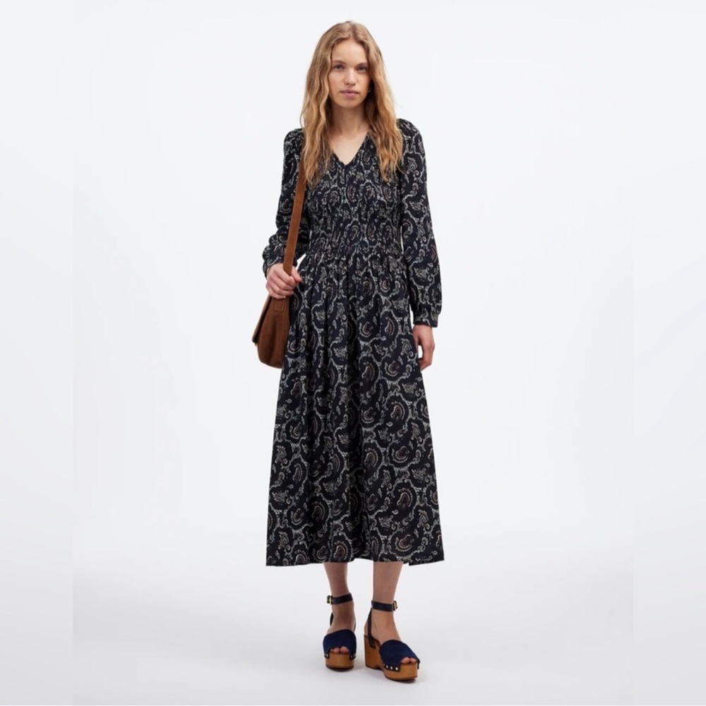 NWT Madewell Smocked V-Neck Midi Dress in‎ Paisley Size Large